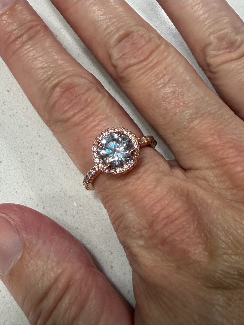 GoldOro Rose Gold Halo Round AAA Cubic Zirconia Engagement Ring